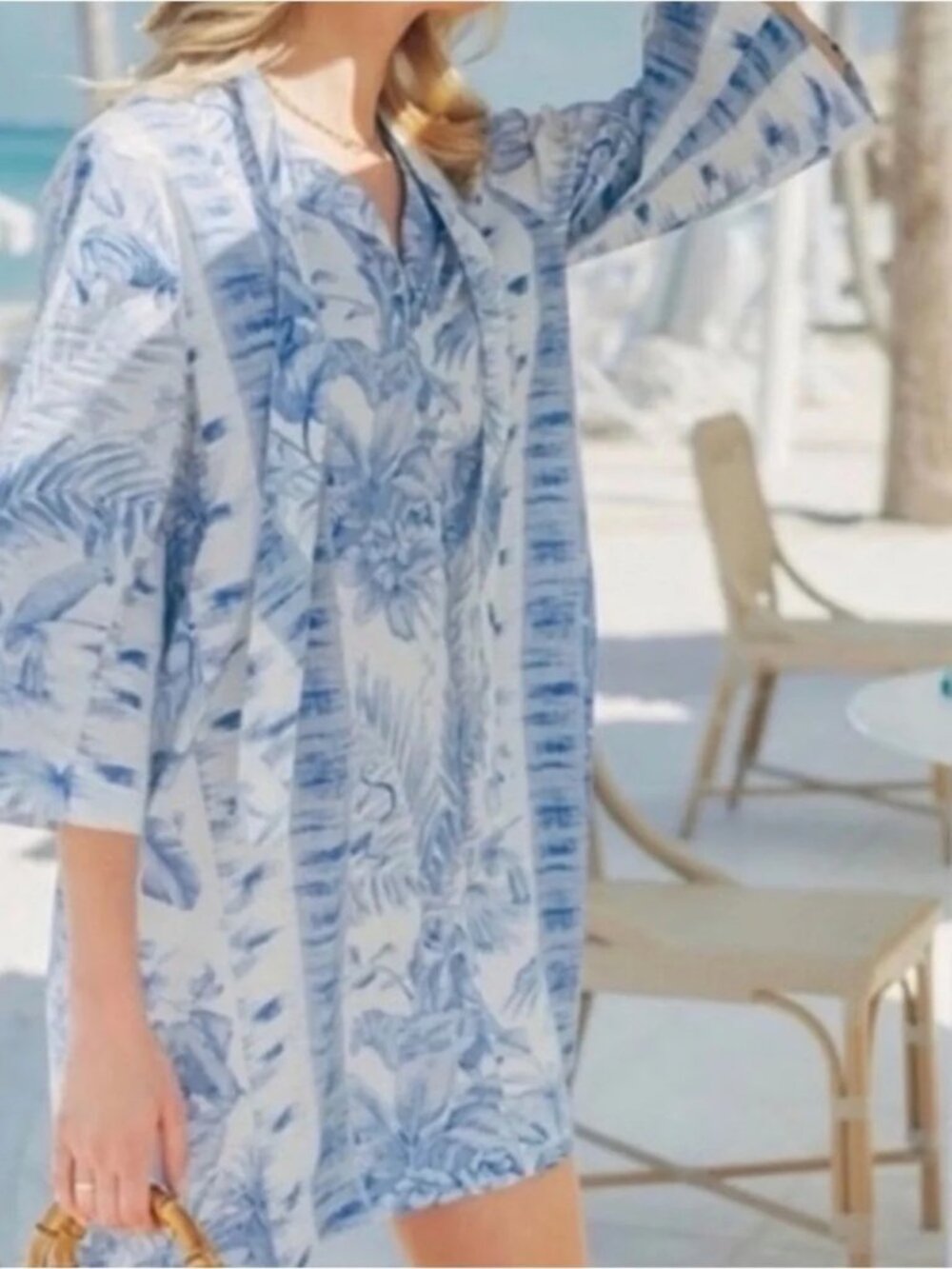 Tuckernuck Safari Toile Marseille Caftan Tunic Dress Blue White Floral SMALL